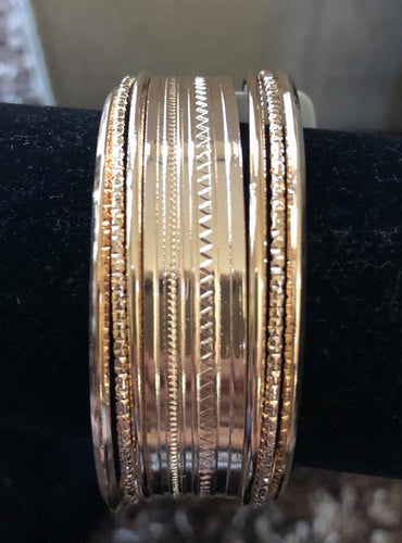 Stack Of Gold Bangle Bracelets w/ Diamond  Accents