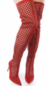 Red detailed pointy toe thigh high boots