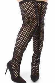 Black detailed pointy toe thigh high boots