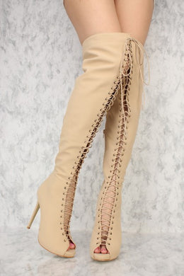 Nude over the knee lace up peep toe boots