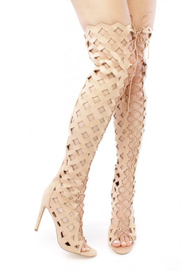 Nude cut out design thigh high peep toe boots