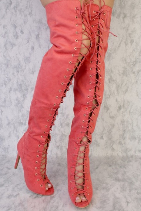 Berry open front lace up thigh high peep toe boots