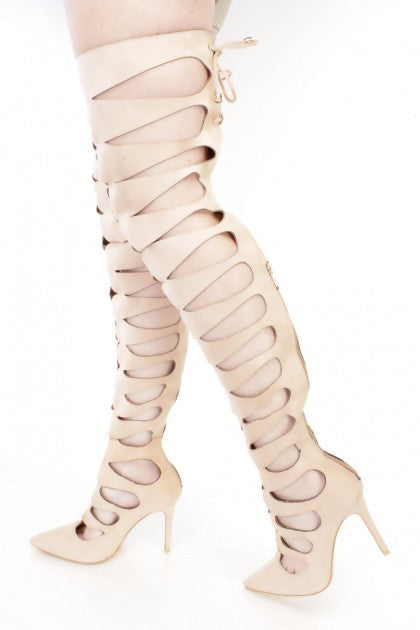 Nude fish scale cut out thigh high peep toe boots