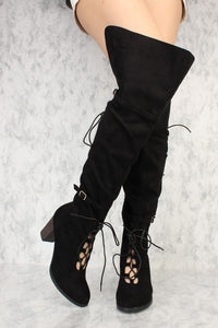 Black over the knee front lace up boots