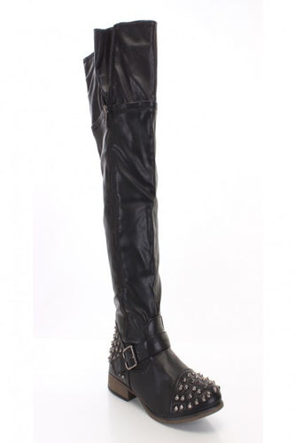Black flat studded thigh high boots