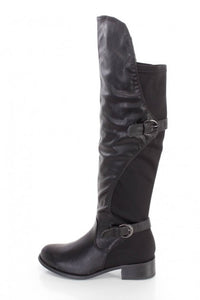 Black fabric knee high boots
