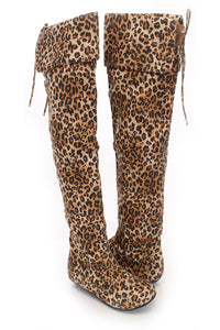 Leopard over the knee flat boots