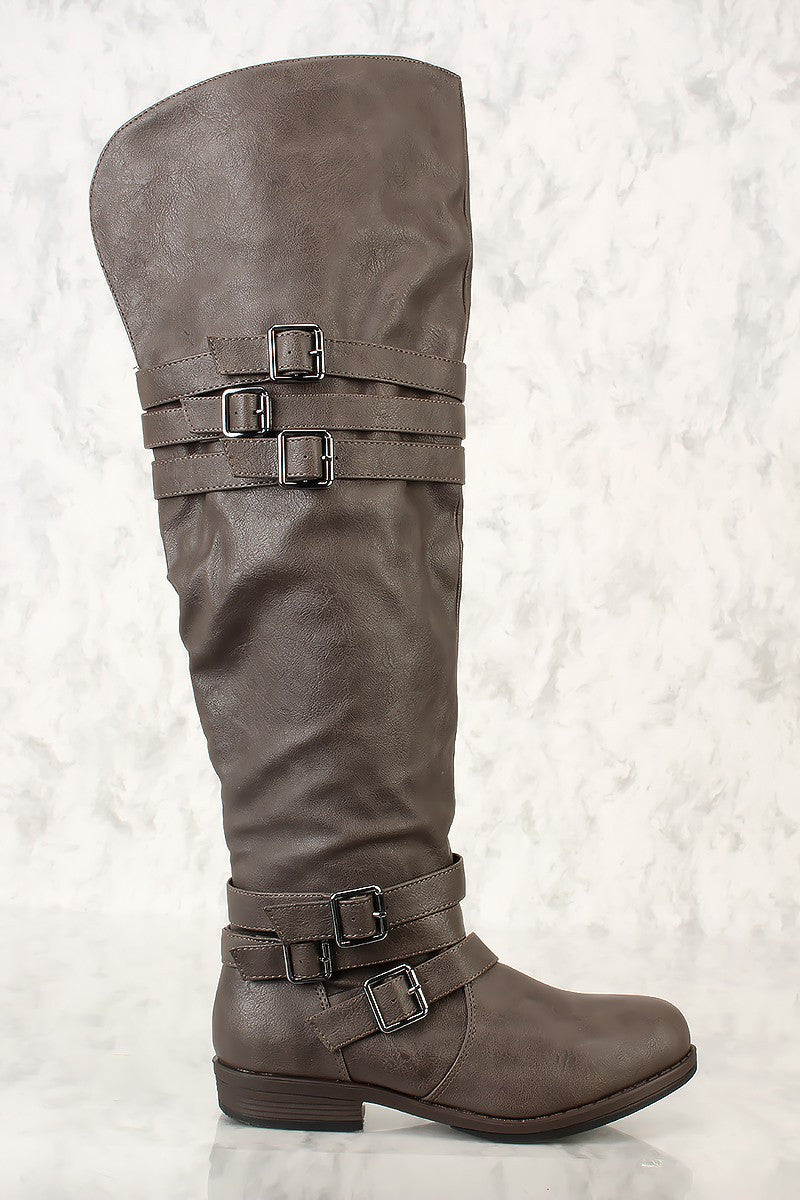 Grey buckled flat over the knee boots