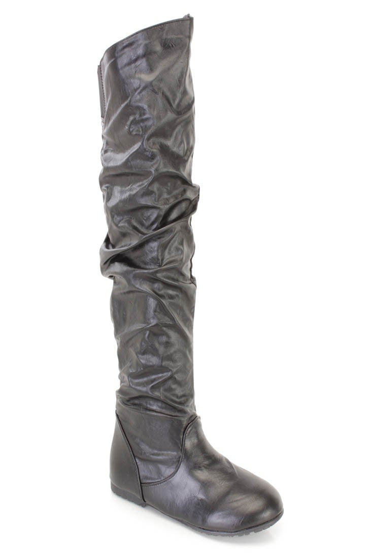 Black crinkled thigh high flat boots