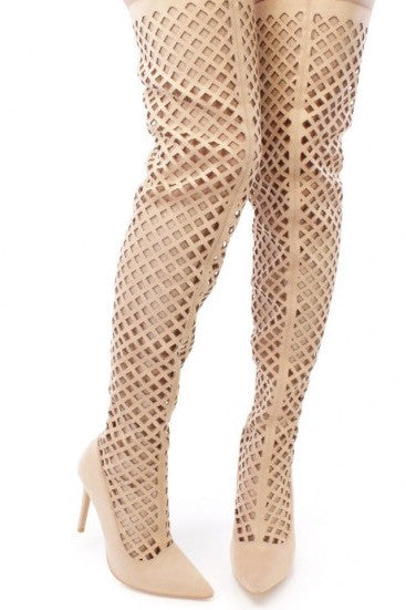 Nude detailed pointy toe thigh high boots