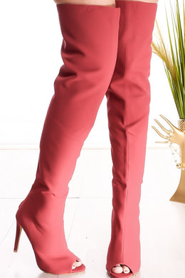 Red back zipper peep toe thigh high boots