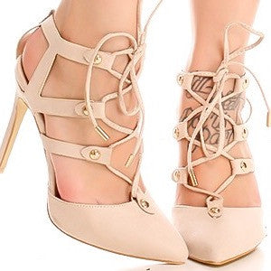 Nude lace up pointed toe high heels