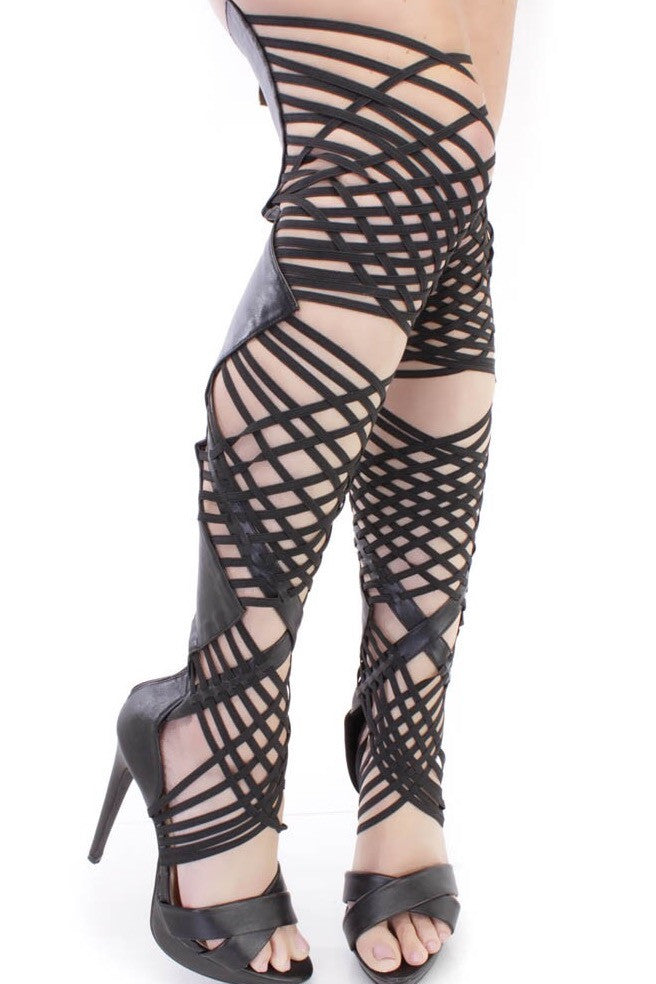 Black strappy thigh high sandals Shirley s Shoetique