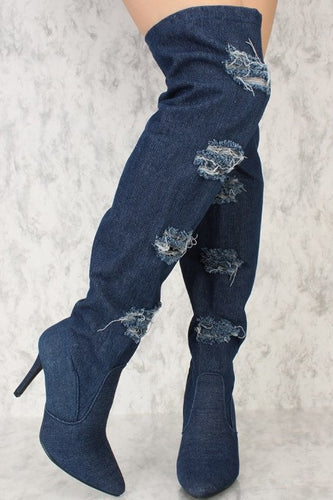 Dark blue denim distressed thigh high boots