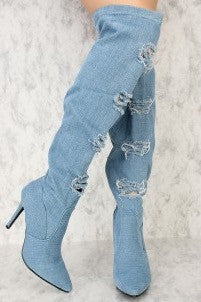 Light blue denim distressed thigh high boots