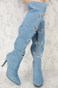 Light blue denim distressed thigh high boots